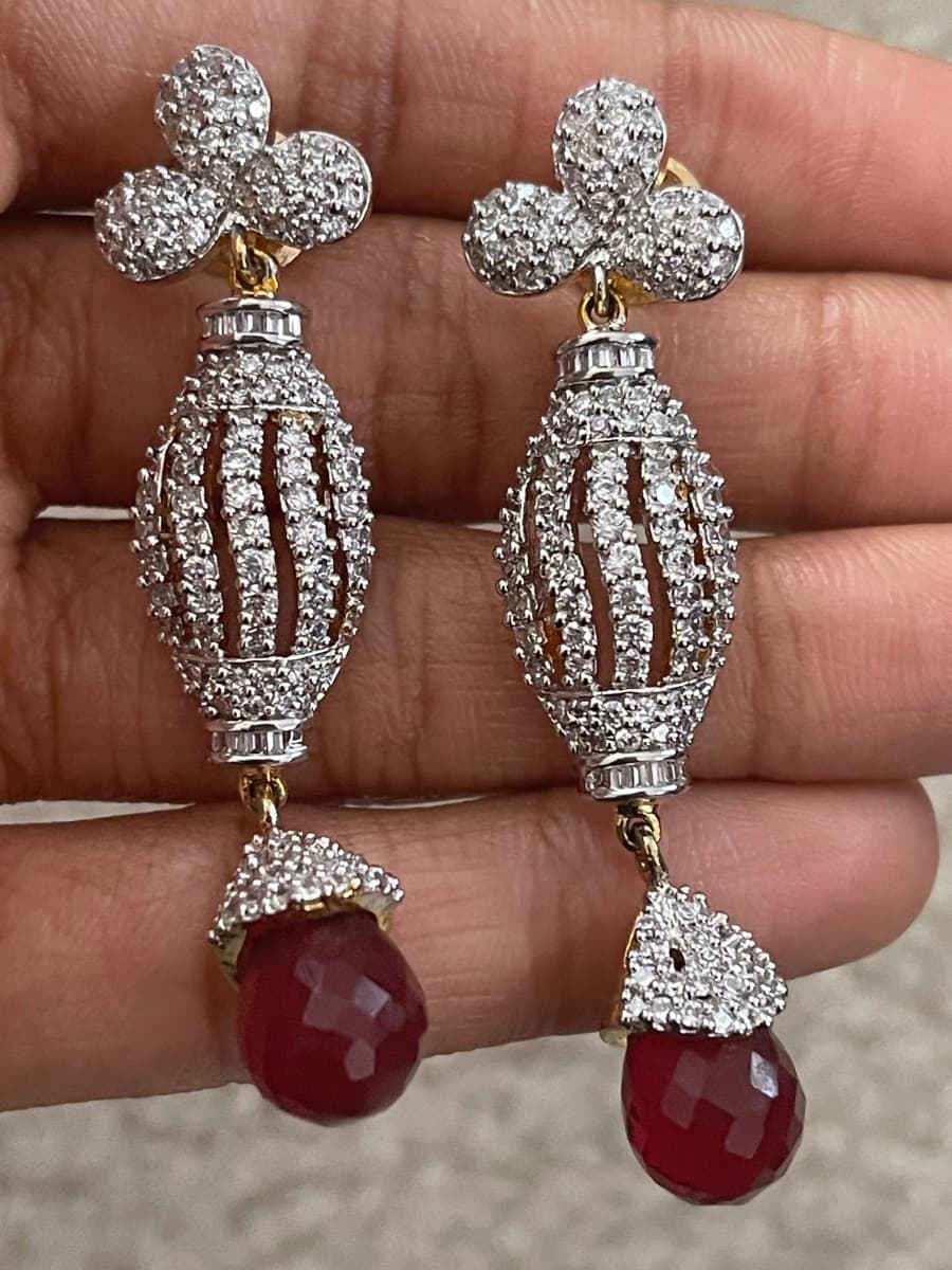 High Quality American Diamond, Cubic Zirconia, Kundan and Ruby Stone Drop Earrings