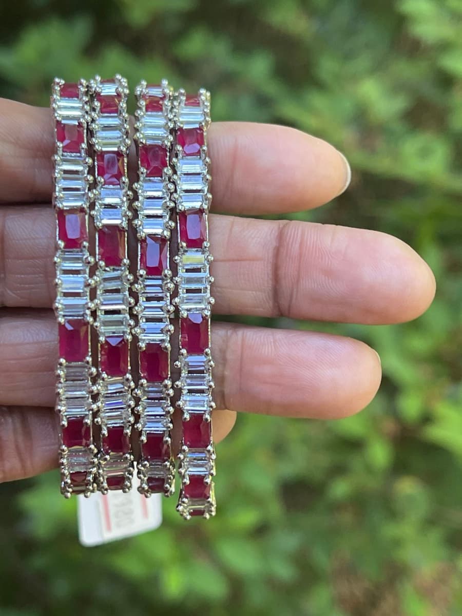Ruby Stone and White Stone Bangle Bracelet set, Set of 4