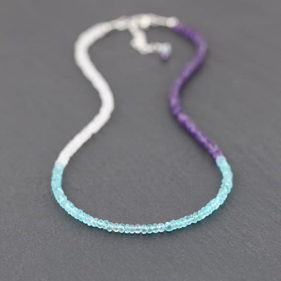925 sterling Silver Anniversary Gift 3.5mm stacking Multi Rainbow Moonstone, Apatite & Amethyst Necklace Rondelle, Faceted 16" for mens, womens, gf, bf & Adult.