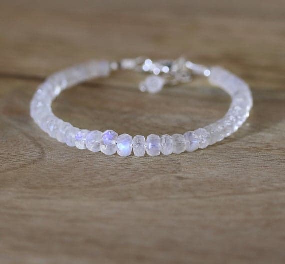 925 sterling Silver love beach youth 5.5mm stacking White Rainbow Moonstone Bracelet Rondelle, Faceted 7" for mens, womens, gf, bf & Adult.