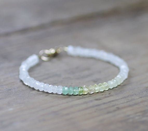 925 sterling silver Anxiety Relief Calming 3.5mm Multi Colour Ombre Prehnite & Moonstone stacking Bracelet Rondelle, Faceted 18cm for mens, womens, gf, bf and adults.