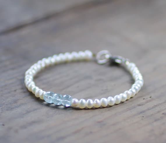 925 sterling silver Jewelry Energy 3.5-4mm Multi Colour Pearl & Aquamarine stacking Bracelet Round, Smooth 18cm for mens, womens, gf, bf and adults.