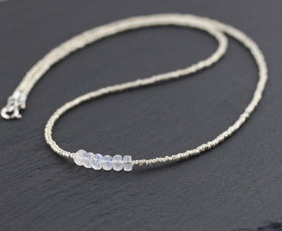 925 sterling Silver Unique Wedding Gift 5-6mm stacking White Rainbow Moonstone Necklace Rondelle, Faceted 16" for mens, womens, gf, bf & Adult.