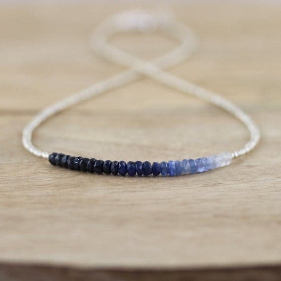 925 sterling Silver Dainty Slave Loose 3-3.5mm stacking Blue Blue Sapphire Necklace Rondelle, Faceted 16" for mens, womens, gf, bf & Adult.