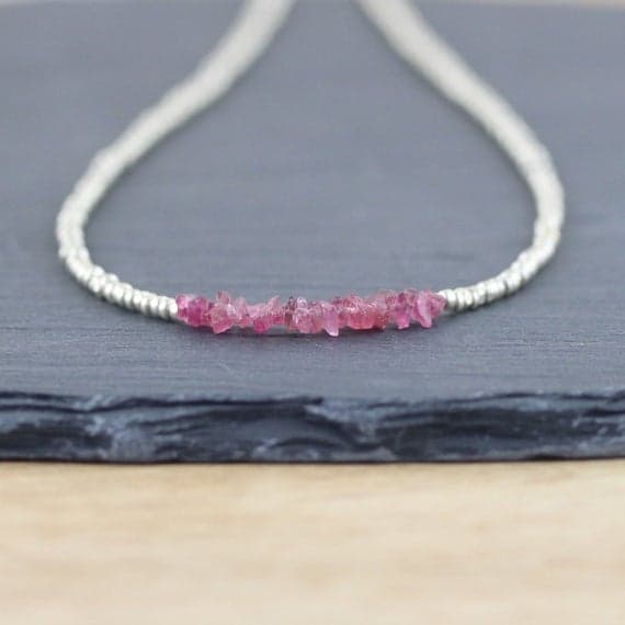 925 sterling Silver Artisan Loose 3-5mm stacking Pink Pink Tourmaline Necklace Fancy, Faceted 16" for mens, womens, gf, bf & Adult.