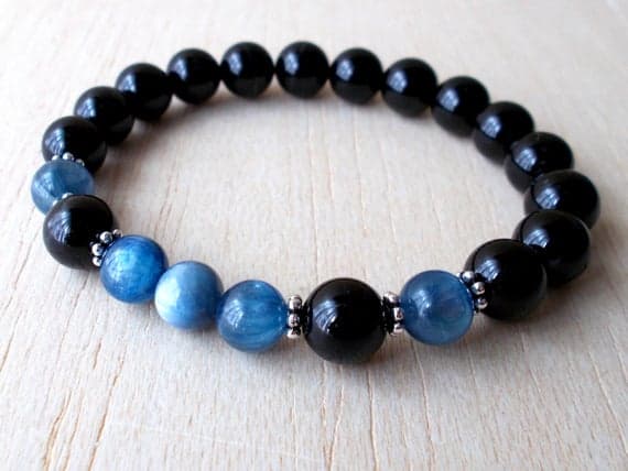 Blue Kyanite Bracelet, Kyanite Bead Bracelet, Genuine Gemstone Bracelet, Blue Kyanite Jewelry, Black Tourmaline Mala Bracelet, XtraClaire 7-8mm Code- WAR6856