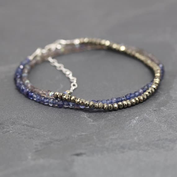 925 sterling Silver Anniversary Gift 3.5mm stacking Multi Labradorite, Iolite & Pyrite Necklace Round, Faceted 16" for mens, womens, gf, bf & Adult.