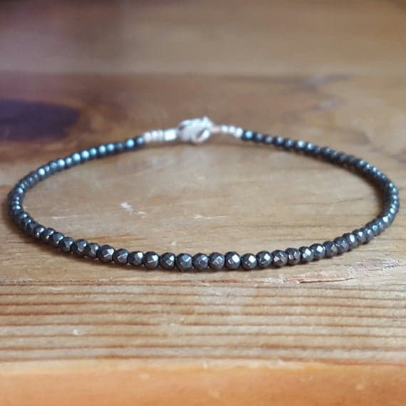 925 sterling silver chakras simple 2mm black Hematite stacking Bracelet Round, Faceted 18cm for mens, womens, gf, bf and adults.