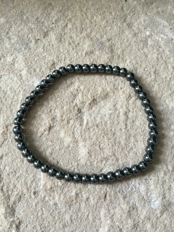 Dainty Slave Loose 4mm Silver Hematite Stretchable Bracelet Round, Smooth 18cm for mens, womens, gf, bf and adults.