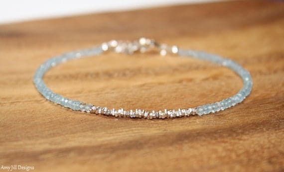 925 sterling Silver love beach youth Silver Helling 2.5mm stacking Aqua Aquamarine Bracelet Rondelle, Faceted 7" for mens, womens, gf, bf & Adult.