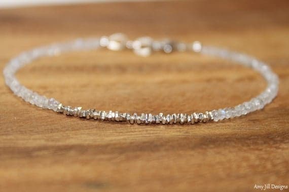 925 sterling Silver Anniversary Gift Silver Helling 2.5mm stacking White Moonstone & Hill Tribe Stick  Bracelet Rondelle, Faceted 7" for mens, womens, gf, bf & Adult.