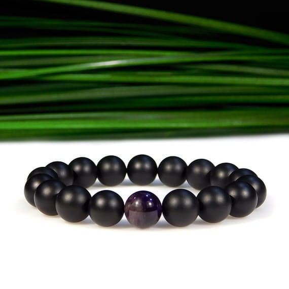 Anxiety Gemstone 10MM Stretchable Black & Purple Amethyst and Matte Onyx Bracelet Round, Smooth 7.5" for mens, womens, gf, bf & Adult.