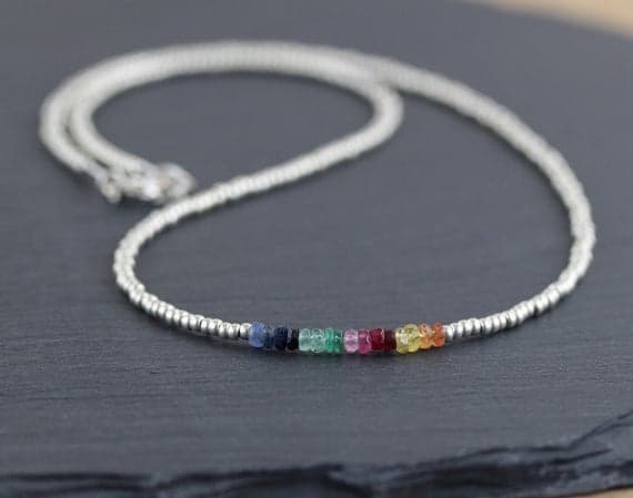 925 sterling Silver Personalized Gift 3.5mm stacking Multi Blue and Yellow Sapphire, Ruby, Emerald and Miyuki  Necklace Rondelle, Faceted 16" for mens, womens, gf, bf & Adult.