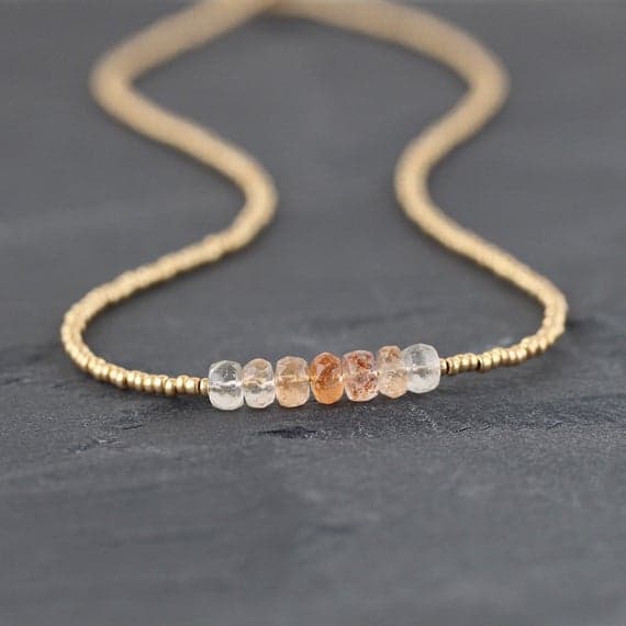 24k gold Plated love beach youth Gold Helling 5mm stacking Orange Sunstone & Miyuki Necklace Box, Faceted 16" for mens, womens, gf, bf & Adult.