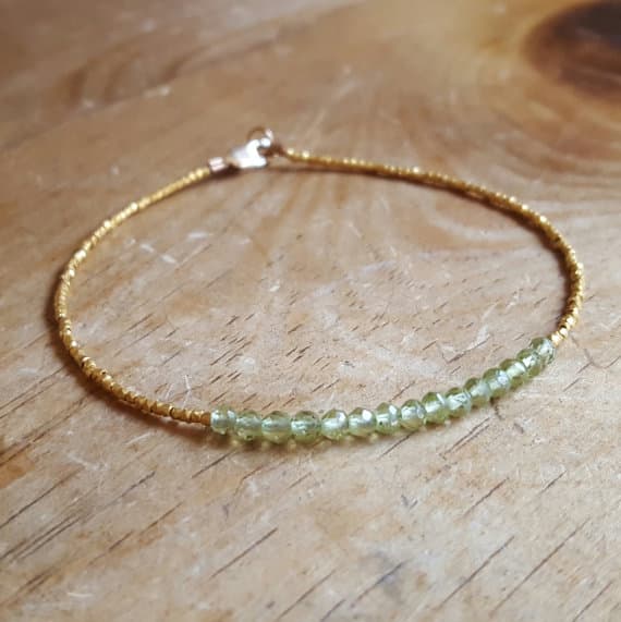 24k gold Rock Gift 3mm Green Peridot stacking Bracelet Round, Faceted 18cm for mens, womens, gf, bf and adults.