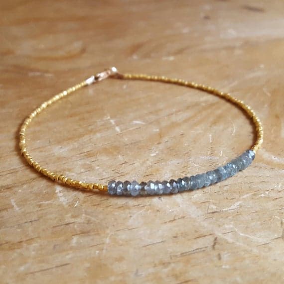 24k gold Anniversary Gift 2mm Blue Moss Aquamarine stacking Bracelet Rondelle, faceted 18cm for mens, womens, gf, bf and adults.