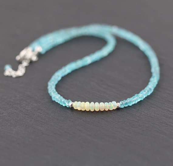 925 sterling Silver Blush Jewelry Silver Helling 3.5-4mm stacking Multi Ethiopian Welo Opal & Apatite Necklace Rondelle, Faceted & Smooth 16" for mens, womens, gf, bf & Adult.