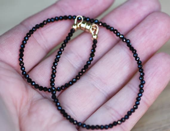 24k gold Plated Positive Energy 2mm stacking Black Diamond Look Natural Black Spinel  Bracelet Round, Faceted 7" for mens, womens, gf, bf & Adult.