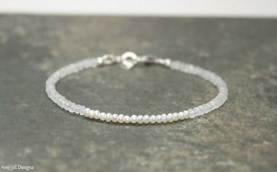 925 sterling Silver good luck gift 3-3.5mm stacking White Freshwater Pearl and Moonstone  Bracelet Round & Rondelle, Faceted & Smooth 7" for mens, womens, gf, bf & Adult.