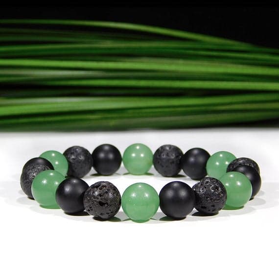 memorial gift 10mm Stretchable Black & Green Aventurine, Onyx, and Lava Rock  Bracelet Round, Smooth 7.5" for mens, womens, gf, bf & Adult.