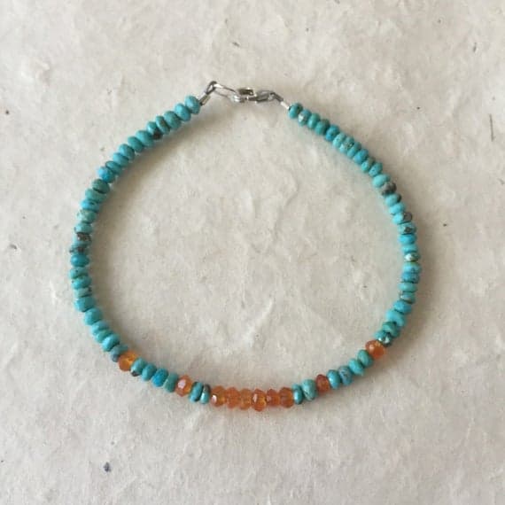 Arizona Sleeping Beauty Turquoise Carnelian Sterling Silver Beaded Bracelet, Sundance Style, Boho Stack Bracelet 3-5mm Code- WAR6415