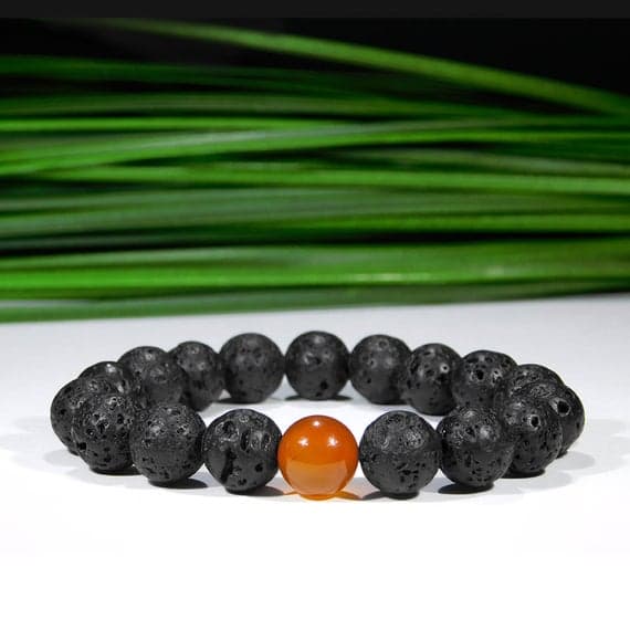 good luck gift 10mm Stretchable Black & Orange Carnelian and Lava Rock Bracelet Round, Smooth 7.5" for mens, womens, gf, bf & Adult.
