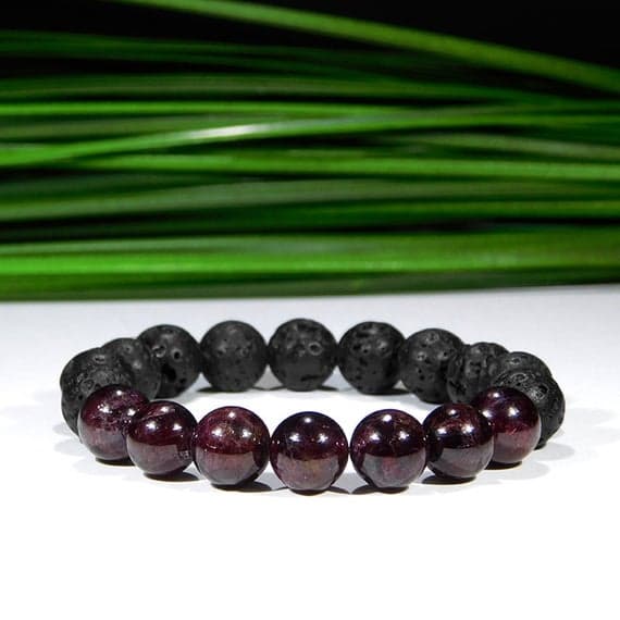 Grounding 10mm Stretchable Black & Red Garnet and Lava Rock Bracelet Round, Smooth 7.5" for mens, womens, gf, bf & Adult.