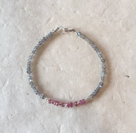 Pink Tourmaline Labradorite Karen Hill Tribe Thai Silver Beaded Bracelet, Sundance Style, Boho Stacking Bracelet 3-4mm Code- WAR6382