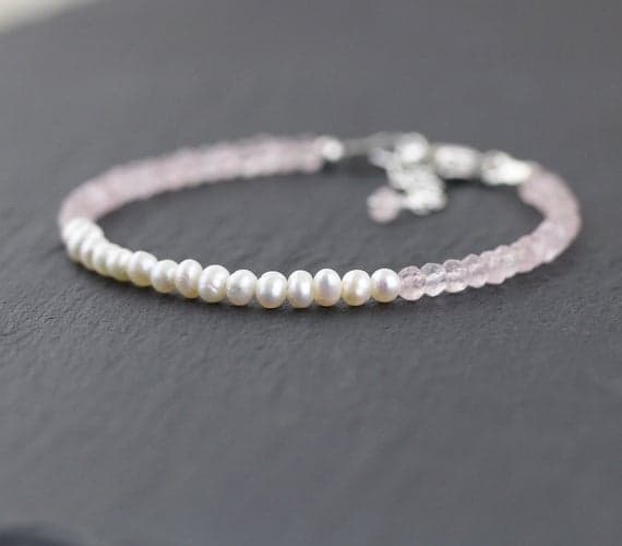 925 sterling Silver love beach youth 3.5mm stacking Pink & White Freshwater Pearl & Rose Quartz Bracelet Round, Faceted & Smooth 7" for mens, womens, gf, bf & Adult.