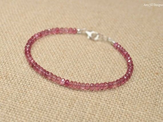 925 sterling Silver Natural 3mm stacking Pink Pink Tourmaline Bracelet Round, Faceted 7" for mens, womens, gf, bf & Adult.