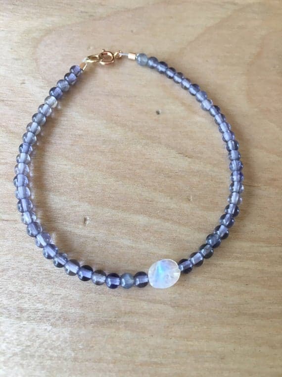 Faceted rainbow moonstone, moonstone bracelet, minimalist bracelet, iolite bracelet, 14k rose gold, Rainbow moonstone, moonstone jewelry, 3mm  Code- WAR6338
