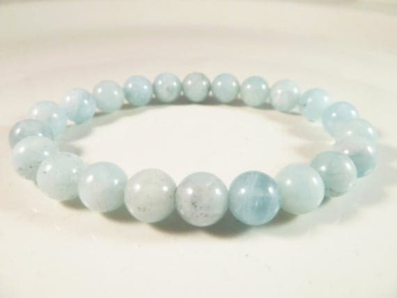memorial gift 10mm Stretchable Blue Aquamarine Bracelet Round, Smooth 7.5" for mens, womens, gf, bf & Adult.