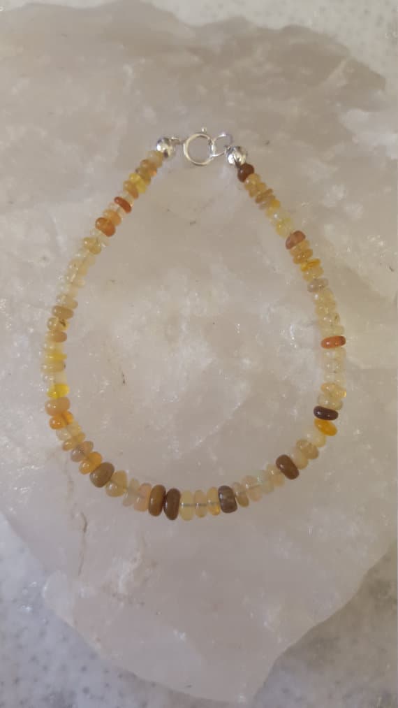 925 sterling Silver Anniversary Gift Silver Helling 6-8mm stacking Yellow Ethiopian Opal Bracelet Rondelle, Smooth 7" for mens, womens, gf, bf & Adult.