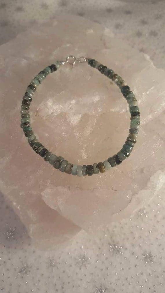 925 sterling Silver Personalized Gift 6-8mm stacking Green Emerald Bracelet Rondelle, Smooth 7" for mens, womens, gf, bf & Adult.