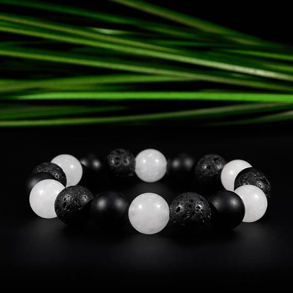 Anniversary Gift 10mm Stretchable Black & White Quartz, Onyx, and Lava Rock Bracelet Round, Smooth 7.5" for mens, womens, gf, bf & Adult.