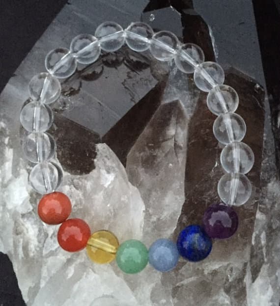 Clear Quartz & Seven Chakra Power Bead Bracelet - Healing Crystal Gemstones - Amethyst - Lapis Lazuli - Aquamarine - Citrine – Carnelian 8mm Code- WAR6979