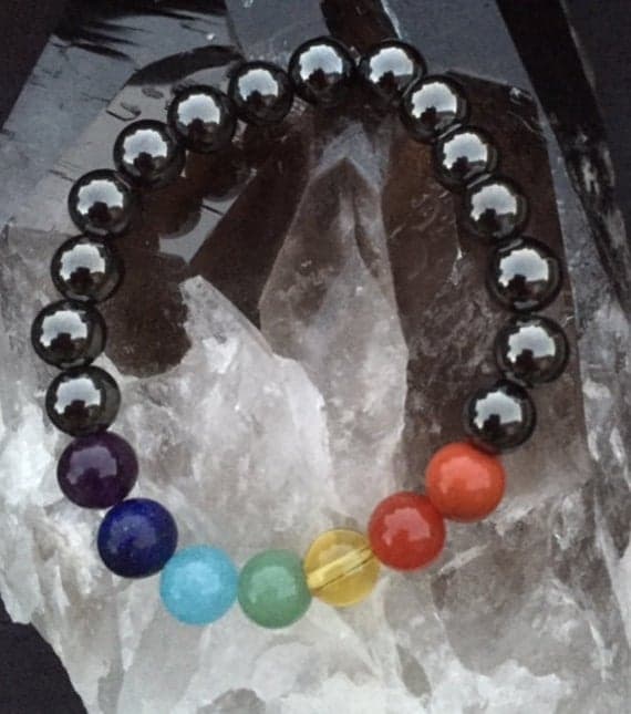Magnetic Hematite & Seven Chakra Power Bead Bracelet - Healing Crystal Gemstones - Amethyst - Lapis Lazuli - Aquamarine – Carnelian 8mm Code- WAR6981