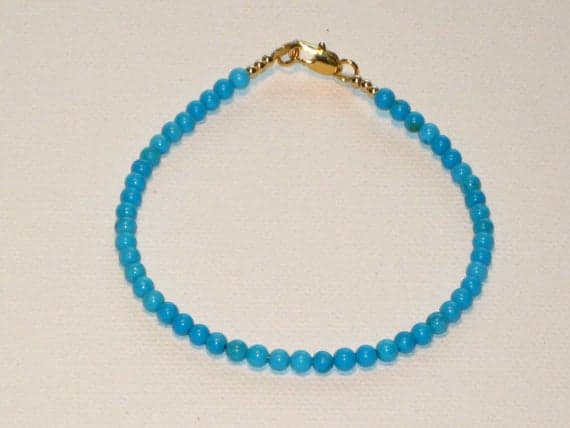 24k gold Plated chakras simple Gold Helling 3mm stacking Blue Turquoise Bracelet Round, Smooth 7" for mens, womens, gf, bf & Adult.