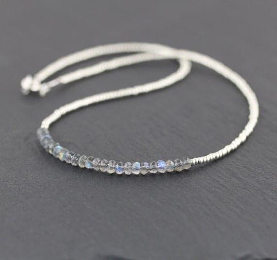 925 sterling Silver top quality Silver helling 3.5mm stacking Gray Labradorite & Miyuki Seed Necklace Rondelle, Faceted 16" for mens, womens, gf, bf & Adult.