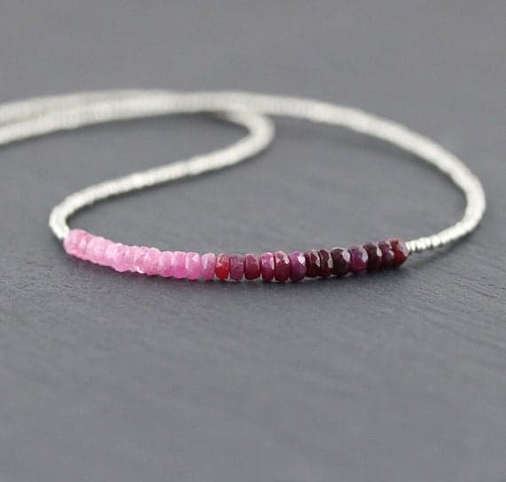 925 sterling Silver Blush Jewelry Silver Helling 3-3.5mm stacking Multi Ombre Ruby, Czech Charlotte Necklace Rondelle, Faceted 16" for mens, womens, gf, bf & Adult.