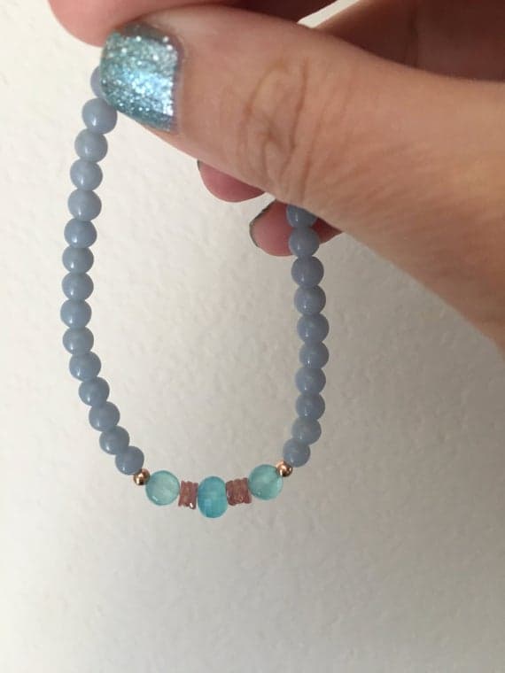 Angelite, peach sapphires, 14 karat rose gold, blue chalcedony, beaded bracelet, soothing bracelet, luxury bracelet, stackable bracelet, 5-6mm  Code- WAR6345