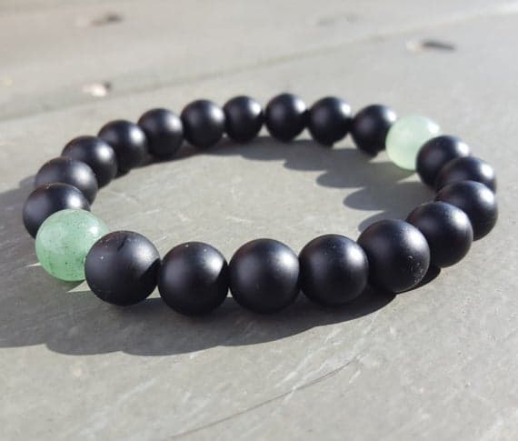 Dainty Slave Loose 10mm Stretchable Black Green Aventurine & Mate Black Onyx Bracelet Round, Smooth 7.5" for mens, womens.