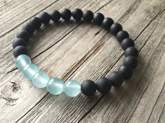Empath Protection 8mm Stretchable blue & Black Matte Black Onyx & Aquamarine Bracelet Round, Smooth 7" for mens, womens, GF, BF, Adults.