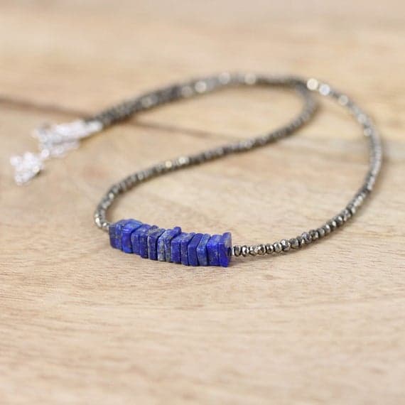 925 sterling Silver memorial gift 5-6mm stacking Blue Lapis Lazuli & Pyrite  Necklace Square, Faceted 16" for mens, womens, gf, bf & Adult.