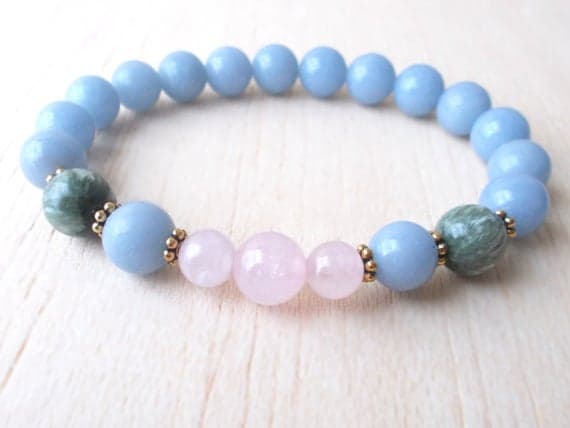 Angelite Bracelet, Blue Angelite Bead Bracelet, Healing Crystal Bracelet, Angelite Jewelry - Rose Quartz, Seraphinite, Anti Anxiety Bracelet 4-5mm Code- WAR6854