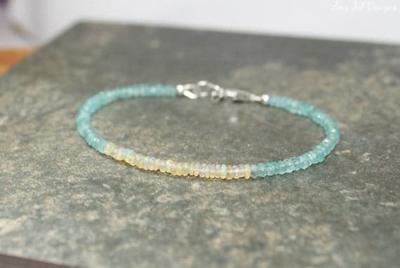 925 sterling Silver chakras simple Silver Helling 3mm stacking Blue & White Apatite & Welo Opal Bracelet Rondelle, Smooth 7" for mens, womens, gf, bf & Adult.