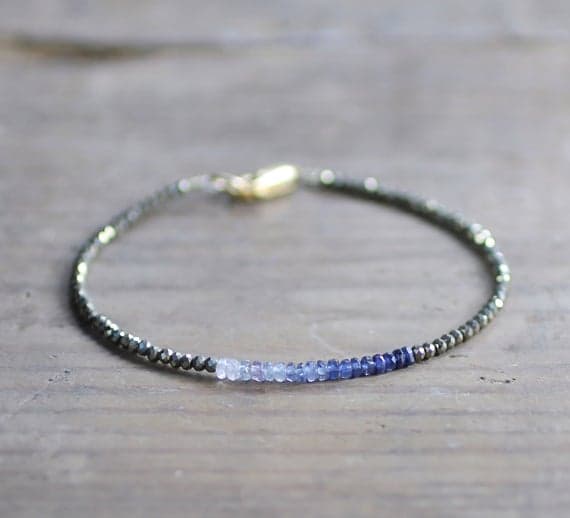 925 sterling silver Empath Protection 2.5mm Blue Pyrite & Ombre Blue Sapphire stacking Bracelet Rondelle, Faceted 18cm for mens, womens, gf, bf and adults.