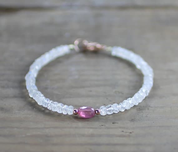 24k gold Unique Wedding Gift 6-7mm Multi Colour Moonstone & Pink Sapphire  stacking Bracelet Rondelle, Faceted 18cm for mens, womens, gf, bf and adults.