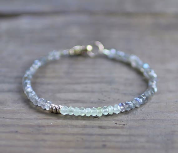 925 sterling silver Galaxy Jewelry 3mm Multi Colour Green Prehnite & Labradorite  stacking Bracelet Rondelle, Faceted 18cm for mens, womens, gf, bf and adults.