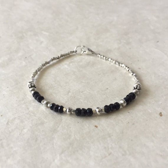 Black Spinel Karen Hill Tribe Thai Silver Beaded Bracelet, Sundance Style, Boho Stacking Bracelet, Birthday Gift, Gifts for Her 3-4mm Code- WAR6410